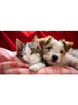 Σετ των 2 Intra Συλλεκτικό Ξύλινο Παζλ Plywood  4mm - Σκύλος και γάτα αγκαλιά στο κρεβάτι με κάμερα στο φόντο Σε Ξύλινο Κουτί - Διαστάσεις: 10x10 cm – 25 κομμάτια