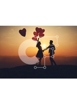 Intra Συλλεκτικό Ξύλινο Παζλ Plywood  4mm - Σιλουέτα ενός ζευγαριού που κρατά κόκκινα μπαλόνια καρδιών στο ηλιοβασίλεμα Σε Ξύλινο Κουτί - Διαστάσεις Puzzle: 10x10 cm – 25 κομμάτια