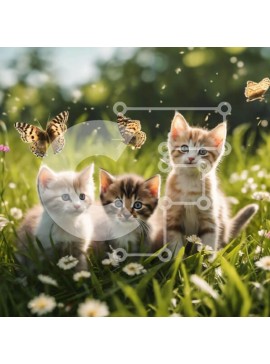 Intra Συλλεκτικό Ξύλινο Παζλ Plywood  4mm - Τρία γατάκια που παίζουν σε ένα χορταριασμένο χωράφι με πεταλούδες Σε Ξύλινο Κουτί - Διαστάσεις: 10x10 cm – 25 κομμάτια