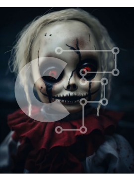 Intra Συλλεκτικό Ξύλινο Παζλ Plywood  4mm - Ανατριχιαστική κούκλα με κόκκινα μάτια για το Halloween Σε Ξύλινο Κουτί - Διαστάσεις Puzzle: 10x10 cm – 25 κομμάτια