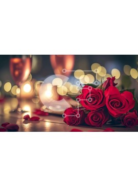 Intra Συλλεκτικό Ξύλινο Παζλ Plywood  4mm - Διακοσμήσεις για την ημέρα του Αγίου Βαλεντίνου με κόκκινα τριαντάφυλλα, ποτήρια σαμπάνιας και φως κεριών Σε Ξύλινο Κουτί - Διαστάσεις Puzzle: 10x10 cm – 25 κομμάτια