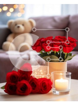 Intra Συλλεκτικό Ξύλινο Παζλ Plywood  4mm - Ρομαντικό σκηνικό τραπεζιού σαλονιού με κόκκινα τριαντάφυλλα και αρκουδάκι Σε Ξύλινο Κουτί - Διαστάσεις Puzzle: 10x10 cm – 25 κομμάτια