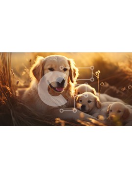 Intra Συλλεκτικό Ξύλινο Παζλ Plywood  4mm - Σκύλος Γκόλντεν Ριτρίβερ και κουτάβια σε ένα χωράφι με ψηλό γρασίδι Σε Ξύλινο Κουτί - Διαστάσεις: 10x10 cm – 25 κομμάτια