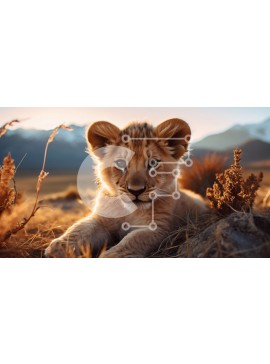 Intra Συλλεκτικό Ξύλινο Παζλ Plywood  4mm - Lion Cub στο γρασίδι με βουνά στο φόντο Σε Ξύλινο Κουτί - Διαστάσεις: 10x10 cm – 25 κομμάτια