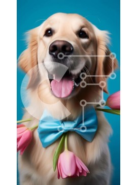 Σετ των 2 Intra Συλλεκτικό Ξύλινο Παζλ Plywood  4mm - Happy Golden Retriever Dog με παπιγιόν και ροζ τουλίπες Σε Ξύλινο Κουτί - Διαστάσεις: 10x10 cm – 25 κομμάτια