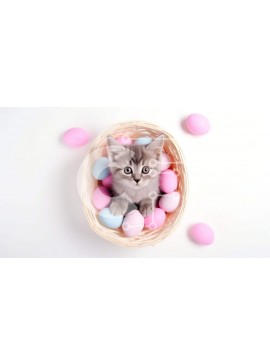 Intra Συλλεκτικό Ξύλινο Παζλ Plywood  4mm - Γκρι γατάκι στο πασχαλινό καλάθι με ροζ και μπλε αυγά Σε Ξύλινο Κουτί - Διαστάσεις: 10x10 cm – 25 κομμάτια