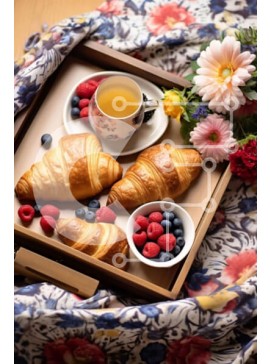 Σετ των 2 Intra Συλλεκτικό Ξύλινο Παζλ Plywood  4mm - Δίσκος με κρουασάν, μούρα και λουλούδια Σε Ξύλινο Κουτί - Διαστάσεις: 10x10 cm – 25 κομμάτια