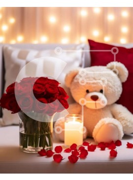 Intra Συλλεκτικό Ξύλινο Παζλ Plywood  4mm - Ρομαντικό αρκουδάκι με κόκκινα τριαντάφυλλα σε καναπέ Σε Ξύλινο Κουτί - Διαστάσεις Puzzle: 10x10 cm – 25 κομμάτια