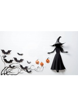 Intra Συλλεκτικό Ξύλινο Παζλ Plywood  4mm - Μαύρη και άσπρη χάρτινη μάγισσα με νυχτερίδες για το Halloween Σε Ξύλινο Κουτί - Διαστάσεις Puzzle: 10x10 cm – 25 κομμάτια