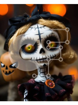 Intra Συλλεκτικό Ξύλινο Παζλ Plywood  4mm - Ασπρόμαυρη κούκλα με κόκκινα μάτια και κολοκύθα Σε Ξύλινο Κουτί - Διαστάσεις Puzzle: 10x10 cm – 25 κομμάτια