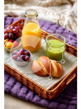 Σετ των 2 Intra Συλλεκτικό Ξύλινο Παζλ Plywood  4mm - Δίσκος πρωινού με ψωμί, σταφύλια και χυμό πορτοκαλιού Σε Ξύλινο Κουτί - Διαστάσεις: 10x10 cm – 25 κομμάτια