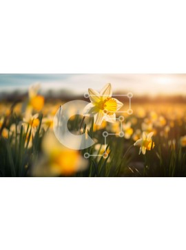 Intra Συλλεκτικό Ξύλινο Παζλ Plywood  4mm - Πεδίο με κίτρινους και λευκούς νάρκισσους στο ηλιοβασίλεμα Σε Ξύλινο Κουτί - Διαστάσεις: 10x10 cm – 25 κομμάτια