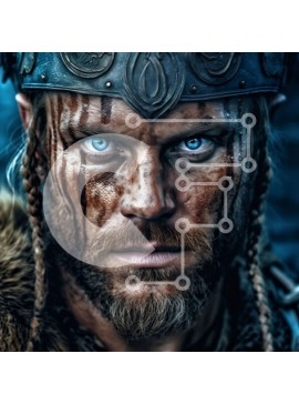 Intra Συλλεκτικό Ξύλινο Παζλ Plywood  4mm - Σοβαρός πολεμιστής Βίκινγκ με μπλε μάτια, μακριά μαλλιά και γενειάδα Σε Ξύλινο Κουτί - Διαστάσεις Puzzle: 10x10 cm – 25 κομμάτια