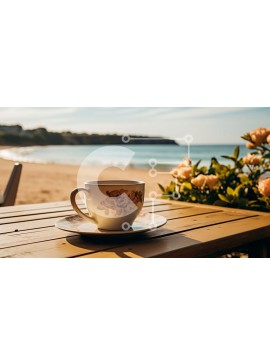 Intra Συλλεκτικό Ξύλινο Παζλ Plywood  4mm - Φλιτζάνι καφέ σε ξύλινο τραπέζι με φόντο παραλία Σε Ξύλινο Κουτί - Διαστάσεις: 10x10 cm – 25 κομμάτια