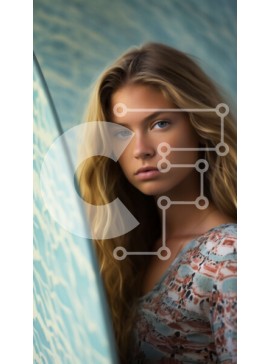 Intra Συλλεκτικό Ξύλινο Παζλ Plywood  4mm - Κομψή νεαρή γυναίκα που ποζάρει με σανίδα του σερφ Σε Ξύλινο Κουτί - Διαστάσεις Puzzle: 10x10 cm – 25 κομμάτια