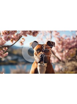 Intra Συλλεκτικό Ξύλινο Παζλ Plywood  4mm - Καφέ και λευκό σκυλί κάτω από το ροζ ανθισμένο δέντρο Σε Ξύλινο Κουτί - Διαστάσεις: 10x10 cm – 25 κομμάτια