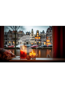 Intra Συλλεκτικό Ξύλινο Παζλ Plywood  4mm - Κηροπήγια σε περβάζι με θέα τα κτίρια Σε Ξύλινο Κουτί - Διαστάσεις Puzzle: 10x10 cm – 25 κομμάτια