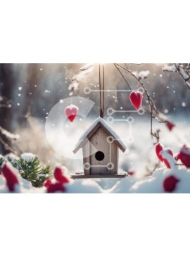 Intra Συλλεκτικό Ξύλινο Παζλ Plywood  4mm - Birdhouse με κόκκινες καρδιές στο Snowy Tree Branch Σε Ξύλινο Κουτί - Διαστάσεις: 10x10 cm – 25 κομμάτια