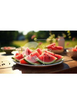 Σετ των 2 Intra Συλλεκτικό Ξύλινο Παζλ Plywood  4mm - Καρπούζι σε φέτες σε ένα ξύλινο τραπέζι στο φως του ήλιου Σε Ξύλινο Κουτί - Διαστάσεις: 10x10 cm – 25 κομμάτια