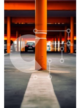 Intra Συλλεκτικό Ξύλινο Παζλ Plywood  4mm - Εικόνα ενός γκαράζ στάθμευσης με πορτοκαλί στήλες και λευκές γραμμές Σε Ξύλινο Κουτί - Διαστάσεις Puzzle: 10x10 cm – 25 κομμάτια