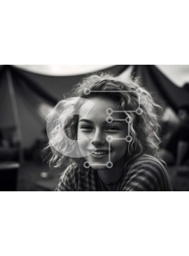 Intra Συλλεκτικό Ξύλινο Παζλ Plywood  4mm - Ευτυχισμένη γυναίκα που ποζάρει μπροστά από μια ομάδα σκηνών Σε Ξύλινο Κουτί - Διαστάσεις Puzzle: 10x10 cm – 25 κομμάτια