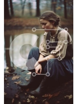 Intra Συλλεκτικό Ξύλινο Παζλ Plywood  4mm - Λυπημένη νεαρή γυναίκα που κάθεται δίπλα στο ποτάμι με καφέ φόρεμα και μπότες Σε Ξύλινο Κουτί - Διαστάσεις Puzzle: 10x10 cm – 25 κομμάτια