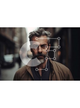 Intra Συλλεκτικό Ξύλινο Παζλ Plywood  4mm - Σοβαρός άνδρας με καφέ σακάκι που στέκεται στην οδό της πόλης - ασπρόμαυρη φωτογραφία Σε Ξύλινο Κουτί - Διαστάσεις Puzzle: 10x10 cm – 25 κομμάτια