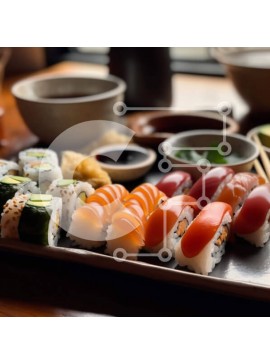 Σετ των 2 Intra Συλλεκτικό Ξύλινο Παζλ Plywood  4mm - Ποικιλίες σούσι σε μαύρο δίσκο με σάλτσα σόγιας και Wasabi Σε Ξύλινο Κουτί - Διαστάσεις: 10x10 cm – 25 κομμάτια