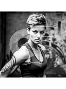 Σετ των 2 Intra Συλλεκτικό Ξύλινο Παζλ Plywood  4mm - Sporty and edgy look: Γυναίκα με κοντά μαλλιά και τατουάζ μπροστά στον τοίχο του γκράφιτι Σε Ξύλινο Κουτί - Διαστάσεις: 10x10 cm – 25 κομμάτια