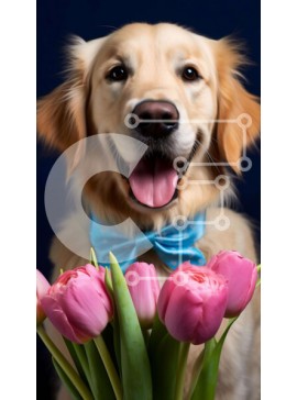 Σετ των 2 Intra Συλλεκτικό Ξύλινο Παζλ Plywood  4mm - Γκόλντεν Ριτρίβερ με ροζ τουλίπες Σε Ξύλινο Κουτί - Διαστάσεις: 10x10 cm – 25 κομμάτια