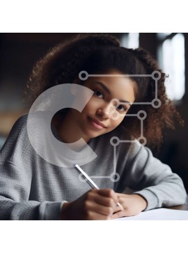 Intra Συλλεκτικό Ξύλινο Παζλ Plywood  4mm - Χαμογελαστή νεαρή γυναίκα που κάθεται στο τραπέζι με σημειωματάριο και στυλό Σε Ξύλινο Κουτί - Διαστάσεις Puzzle: 10x10 cm – 25 κομμάτια