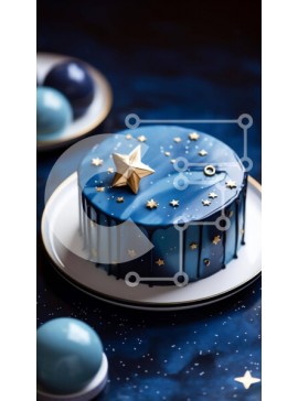 Intra Συλλεκτικό Ξύλινο Παζλ Plywood  4mm - Μπλε κέικ με αστέρια και χρυσά διακοσμητικά σε σκούρο μπλε τραπεζομάντιλο Σε Ξύλινο Κουτί - Διαστάσεις: 10x10 cm – 25 κομμάτια