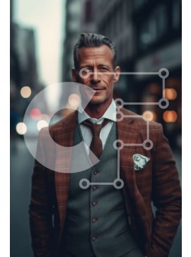 Intra Συλλεκτικό Ξύλινο Παζλ Plywood  4mm - Σοβαρός επιχειρηματίας στο City Street με καφέ καρό κοστούμι και κόκκινη γραβάτα Σε Ξύλινο Κουτί - Διαστάσεις Puzzle: 10x10 cm – 25 κομμάτια