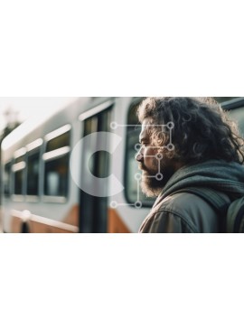 Intra Συλλεκτικό Ξύλινο Παζλ Plywood  4mm - Άνδρας με μακριά μαλλιά και γένια στη στάση λεωφορείου με σακίδιο και τηλέφωνο Σε Ξύλινο Κουτί - Διαστάσεις Puzzle: 10x10 cm – 25 κομμάτια