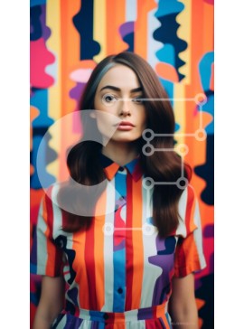 Intra Συλλεκτικό Ξύλινο Παζλ Plywood  4mm - Πολύχρωμο ριγέ φόρεμα γυναίκα που στέκεται μπροστά από το φωτεινό τοίχο Σε Ξύλινο Κουτί - Διαστάσεις Puzzle: 10x10 cm – 25 κομμάτια