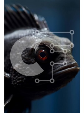 Σετ των 2 Intra Συλλεκτικό Ξύλινο Παζλ Plywood  4mm - Κοντινό πλάνο του μαύρου ψαριού με τα κόκκινα μάτια Σε Ξύλινο Κουτί - Διαστάσεις: 10x10 cm – 25 κομμάτια