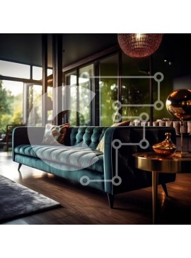 Intra Συλλεκτικό Ξύλινο Παζλ Plywood  4mm - Κομψό μοντέρνο σαλόνι με μπλε βελούδινο καναπέ και μεγάλο πολυέλαιο Σε Ξύλινο Κουτί - Διαστάσεις Puzzle: 10x10 cm – 25 κομμάτια