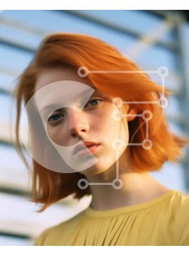 Intra Συλλεκτικό Ξύλινο Παζλ Plywood  4mm - Σοβαρή νεαρή γυναίκα με κόκκινα μαλλιά και κίτρινη κορυφή Σε Ξύλινο Κουτί - Διαστάσεις Puzzle: 10x10 cm – 25 κομμάτια