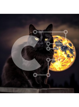 Intra Συλλεκτικό Ξύλινο Παζλ Plywood  4mm - Μυστηριώδης φωτογραφία της Μαύρης Γάτας που κοιτάζει την Πανσέληνο Σε Ξύλινο Κουτί - Διαστάσεις: 10x10 cm – 25 κομμάτια
