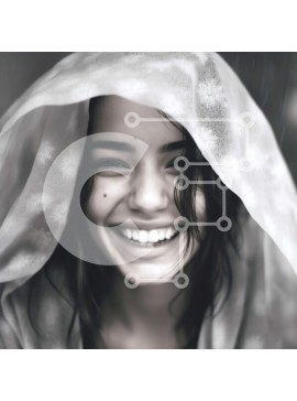 Intra Συλλεκτικό Ξύλινο Παζλ Plywood  4mm - Κομψή εικόνα μιας χαμογελαστής γυναίκας με λευκό κουκούλα με σταγόνες βροχής Σε Ξύλινο Κουτί - Διαστάσεις Puzzle: 10x10 cm – 25 κομμάτια