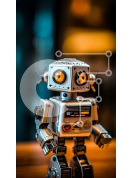 Intra Συλλεκτικό Ξύλινο Παζλ Plywood  4mm - Φουτουριστικό ρομπότ που στέκεται σε ένα ξύλινο τραπέζι Σε Ξύλινο Κουτί - Διαστάσεις Puzzle: 10x10 cm – 25 κομμάτια