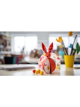 Intra Συλλεκτικό Ξύλινο Παζλ Plywood  4mm - Πολύχρωμο Πασχαλινό λαγουδάκι στο γραφείο Σε Ξύλινο Κουτί - Διαστάσεις Puzzle: 10x10 cm – 25 κομμάτια