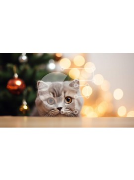Intra Συλλεκτικό Ξύλινο Παζλ Plywood  4mm - Γκρίζα γάτα που κοιτάζει την κάμερα μπροστά από ένα χριστουγεννιάτικο δέντρο Σε Ξύλινο Κουτί - Διαστάσεις: 10x10 cm – 25 κομμάτια