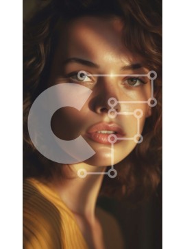 Intra Συλλεκτικό Ξύλινο Παζλ Plywood  4mm - Σοβαρό πορτρέτο γυναίκας με σγουρά καστανά μαλλιά σε κίτρινη κορυφή Σε Ξύλινο Κουτί - Διαστάσεις Puzzle: 10x10 cm – 25 κομμάτια