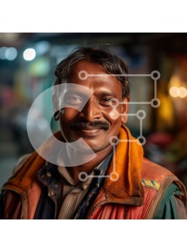 Intra Συλλεκτικό Ξύλινο Παζλ Plywood  4mm - Άνδρας με κόκκινο γιλέκο και μουστάκι που χαμογελά στη φωτογραφική μηχανή σε αμυδρά φωτισμένη οδό τη νύχτα Σε Ξύλινο Κουτί - Διαστάσεις Puzzle: 10x10 cm – 25 κομμάτια