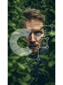 Intra Συλλεκτικό Ξύλινο Παζλ Plywood  4mm - Άνθρωπος με κουκούλα που κρυφοκοιτάζει μέσα από τον φράκτη στη φύση Σε Ξύλινο Κουτί - Διαστάσεις Puzzle: 10x10 cm – 25 κομμάτια