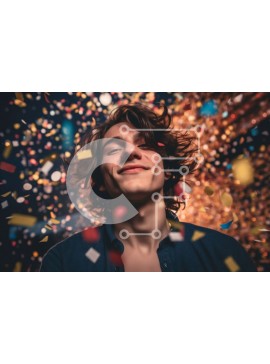 Intra Συλλεκτικό Ξύλινο Παζλ Plywood  4mm - Ευτυχισμένος νεαρός άνδρας με περιστασιακή στολή με φόντο κομφετί Σε Ξύλινο Κουτί - Διαστάσεις Puzzle: 10x10 cm – 25 κομμάτια