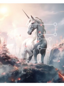 Intra Συλλεκτικό Ξύλινο Παζλ Plywood  4mm - Υπέροχος λευκός μονόκερος σε μια βραχώδη εξοχή με θέα σε ένα ομιχλώδες τοπίο Σε Ξύλινο Κουτί - Διαστάσεις: 10x10 cm – 25 κομμάτια