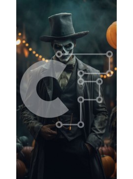 Intra Συλλεκτικό Ξύλινο Παζλ Plywood  4mm - Τρομακτική ασπρόμαυρη φωτογραφία άνδρα με καπέλο και μάσκα κρανίου με κολοκύθες Σε Ξύλινο Κουτί - Διαστάσεις Puzzle: 10x10 cm – 25 κομμάτια