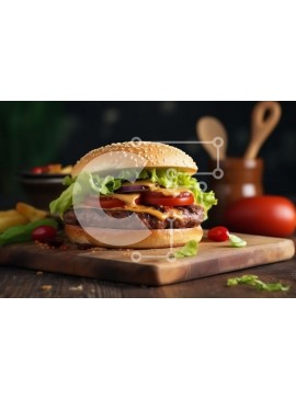 Σετ των 2 Intra Συλλεκτικό Ξύλινο Παζλ Plywood  4mm - Νόστιμη εικόνα από τσίζμπεργκερ και πατάτες σε ξύλινο ξύλο κοπής Σε Ξύλινο Κουτί - Διαστάσεις: 10x10 cm – 25 κομμάτια